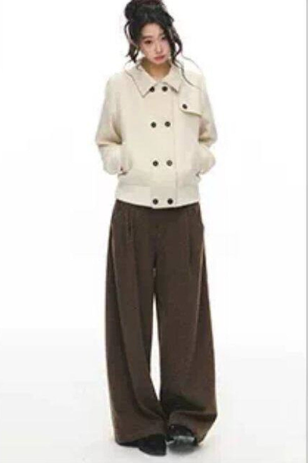 Brown Short Wool Coat and Pants Set-Up