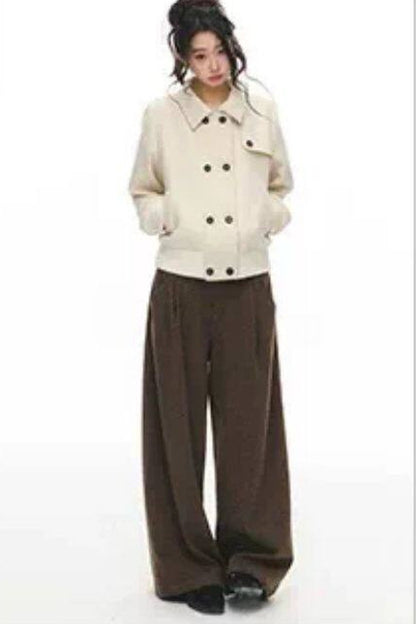 Brown Short Wool Coat and Pants Set-Up