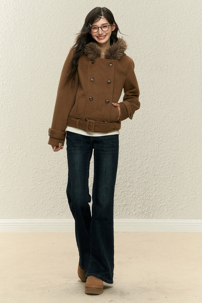 Brown Short Wool Coat and Pants Set-Up