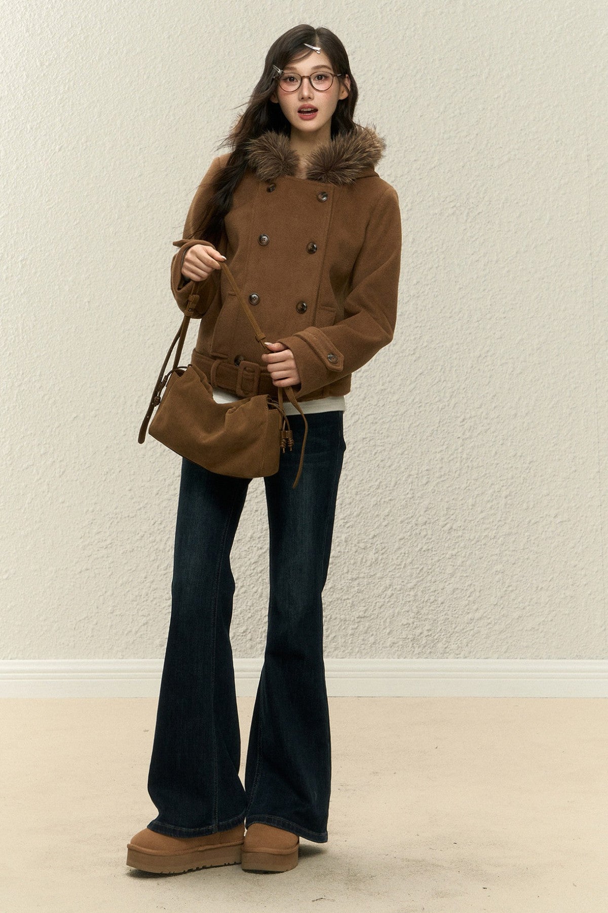 Brown Short Wool Coat and Pants Set-Up