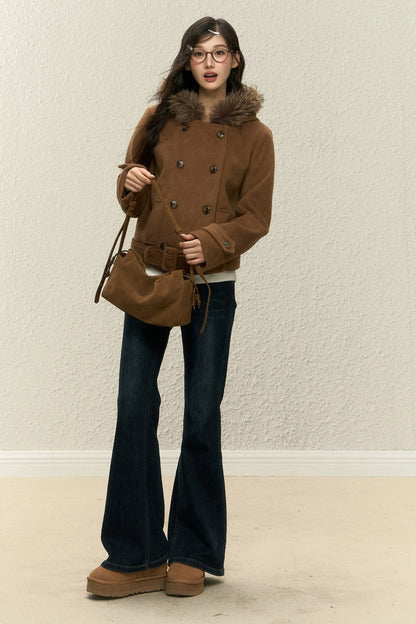 Brown Short Wool Coat and Pants Set-Up