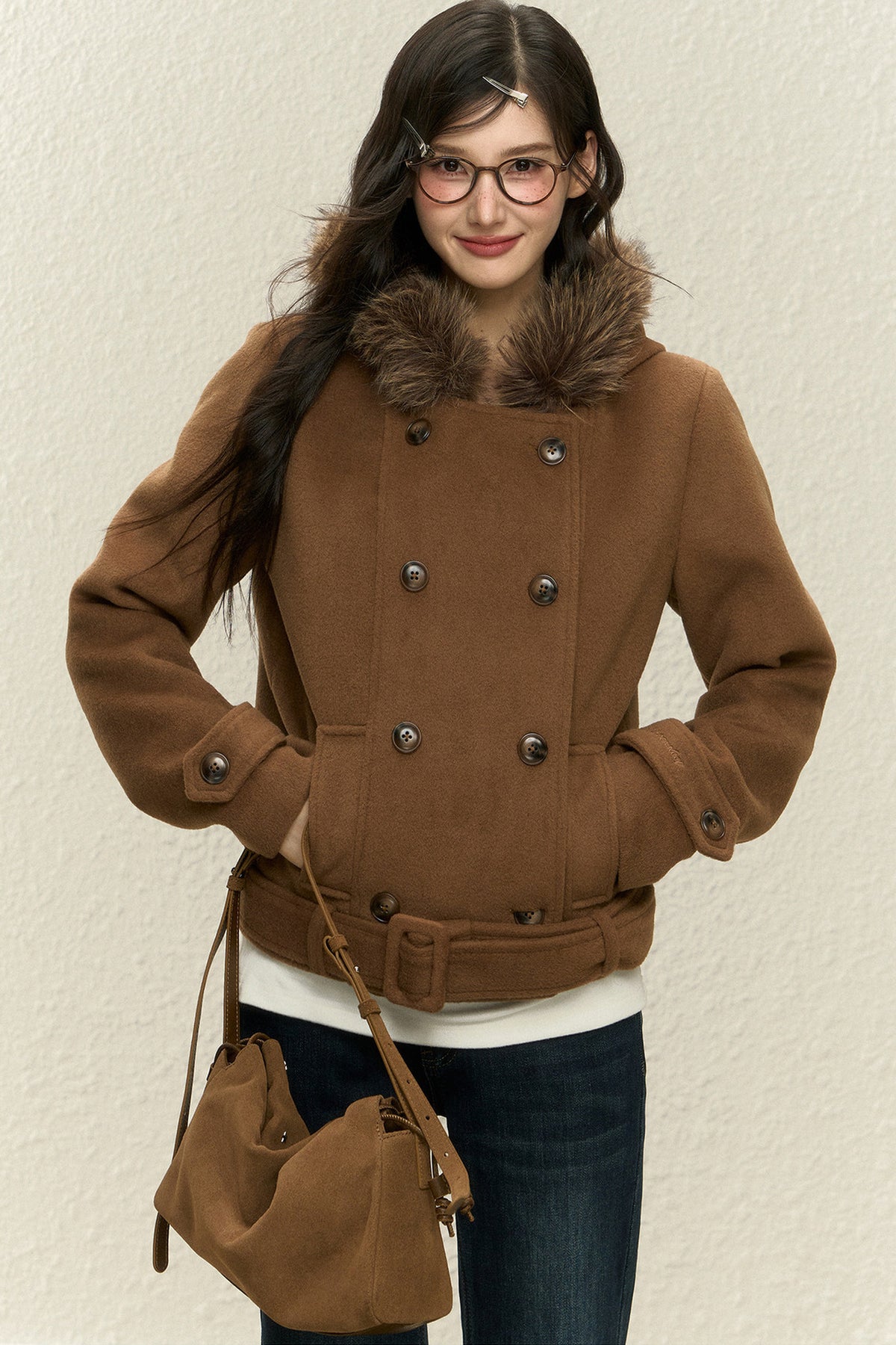 Brown Short Wool Coat and Pants Set-Up