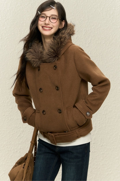 Brown Short Wool Coat and Pants Set-Up