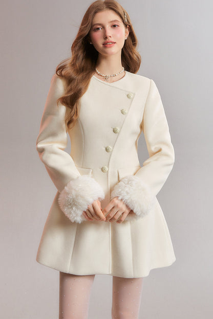 White Diagonal Collar Fur Stand Collar Coat