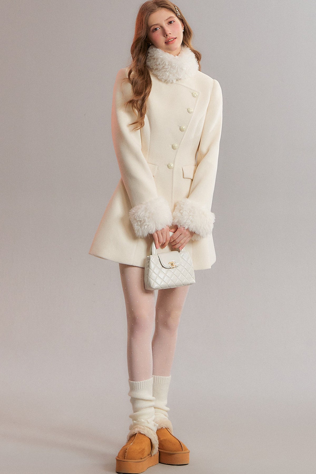 White Diagonal Collar Fur Stand Collar Coat