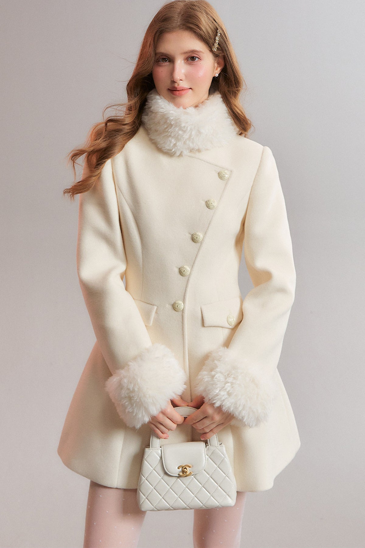 White Diagonal Collar Fur Stand Collar Coat