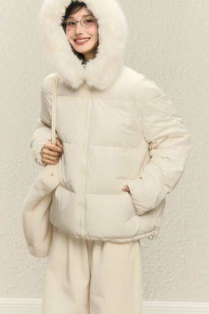 Blue Hooded Down Jacket and White Trousers Set-Up