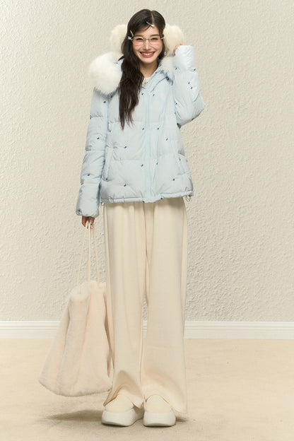 Blue Hooded Down Jacket and White Trousers Set-Up