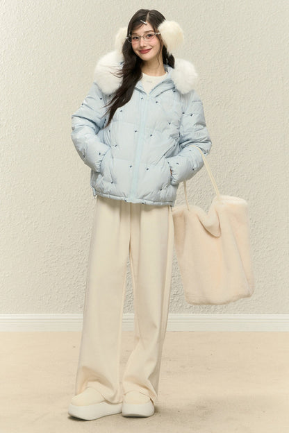 Blue Hooded Down Jacket and White Trousers Set-Up