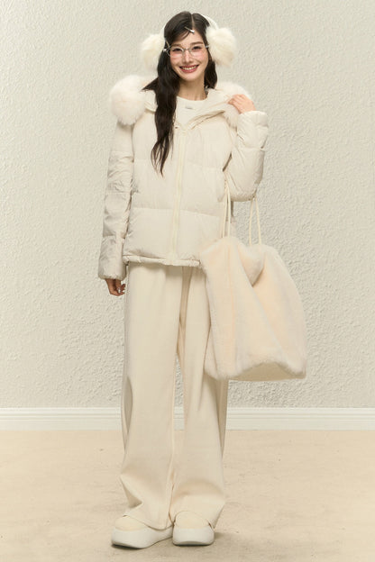Blue Hooded Down Jacket and White Trousers Set-Up