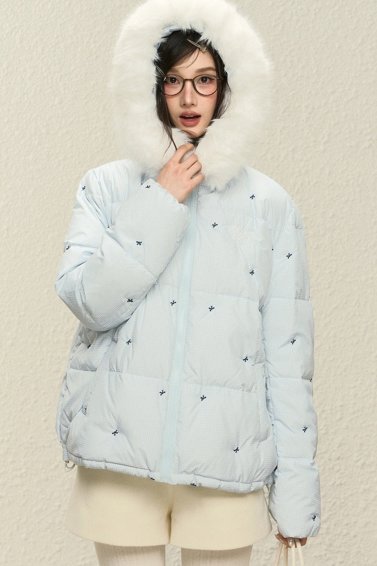 Blue Hooded Down Jacket and White Trousers Set-Up