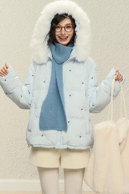 Blue Hooded Down Jacket and White Trousers Set-Up