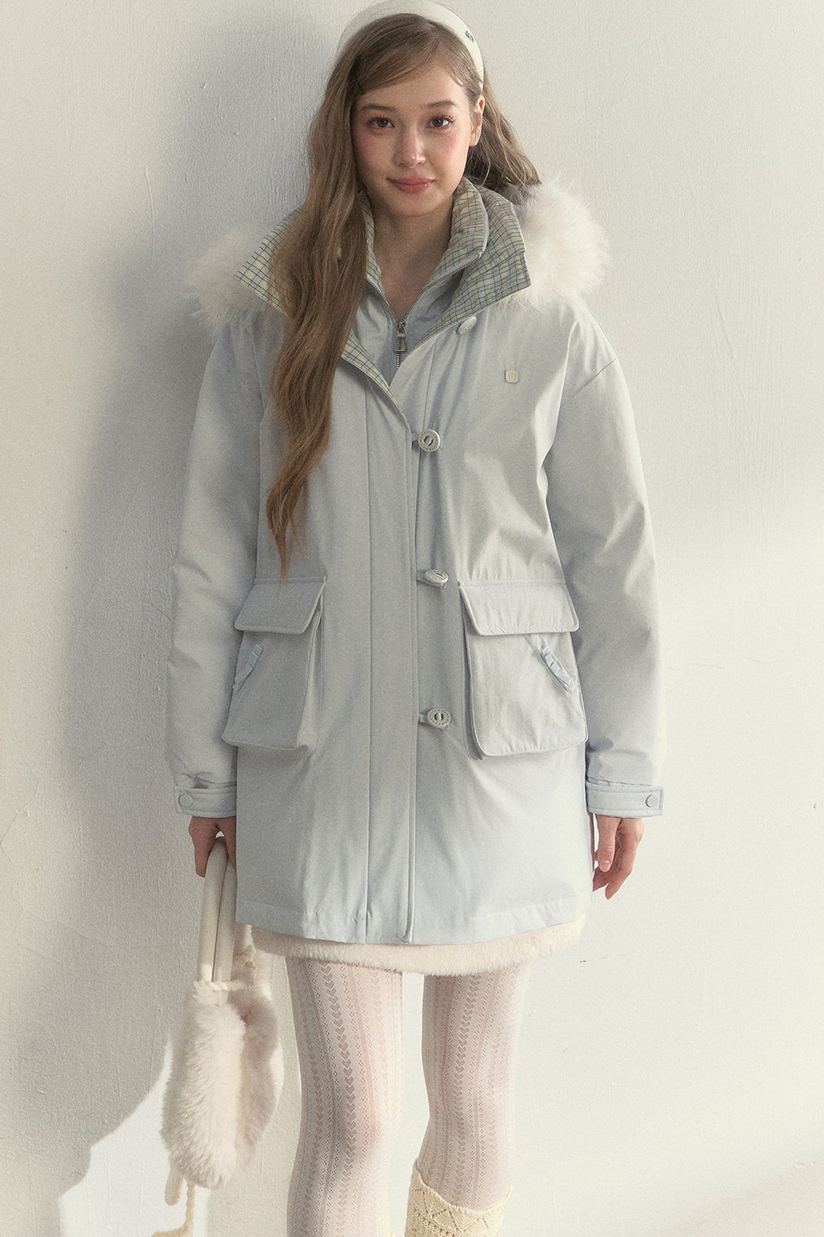 Patchwork Plaid Fur Collar Down Jacket