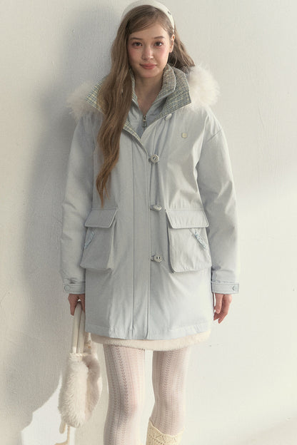 Patchwork Plaid Fur Collar Down Jacket