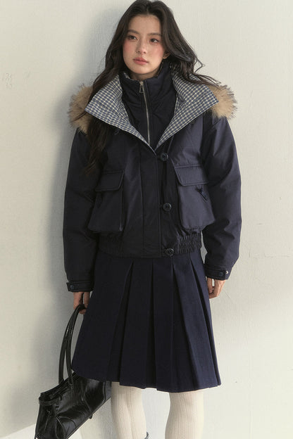 Patchwork Plaid Fur Collar Down Jacket