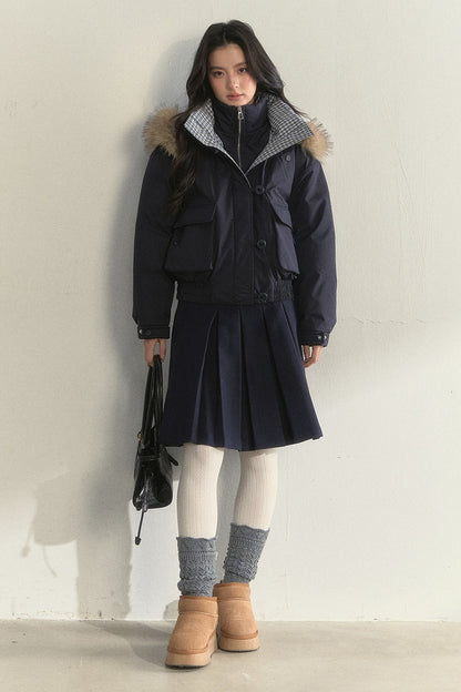 Patchwork Plaid Fur Collar Down Jacket