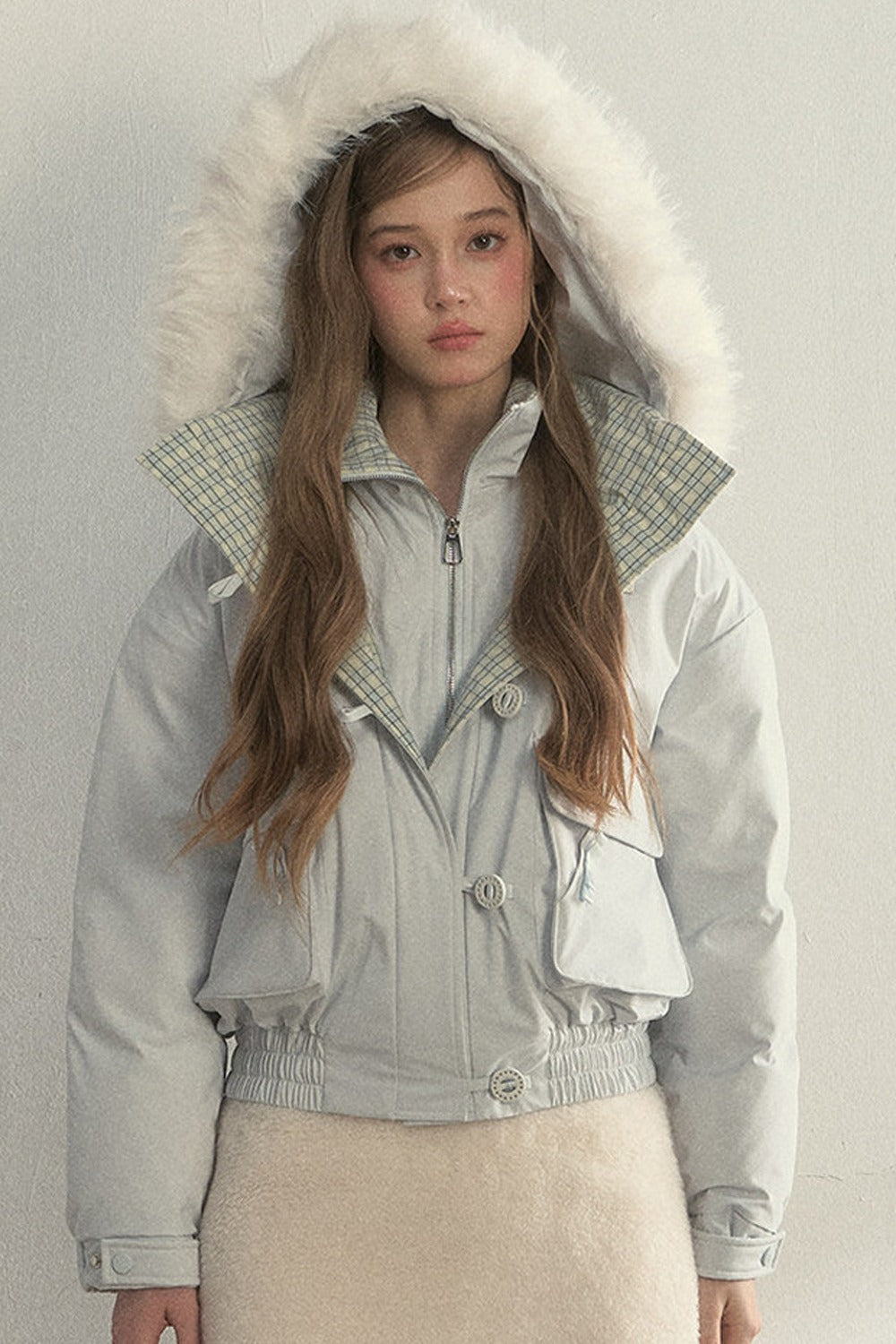 Patchwork Plaid Fur Collar Down Jacket