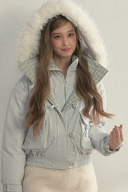 Patchwork Plaid Fur Collar Down Jacket