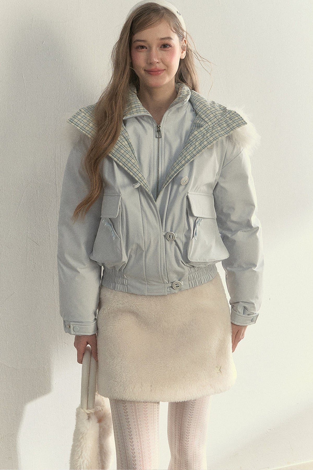 Patchwork Plaid Fur Collar Down Jacket