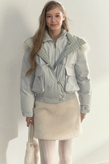 Patchwork Plaid Fur Collar Down Jacket