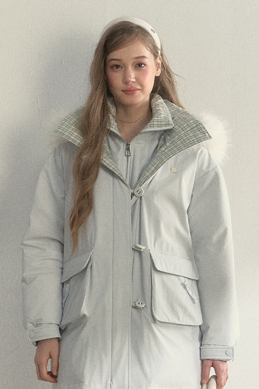 Patchwork Plaid Fur Collar Down Jacket