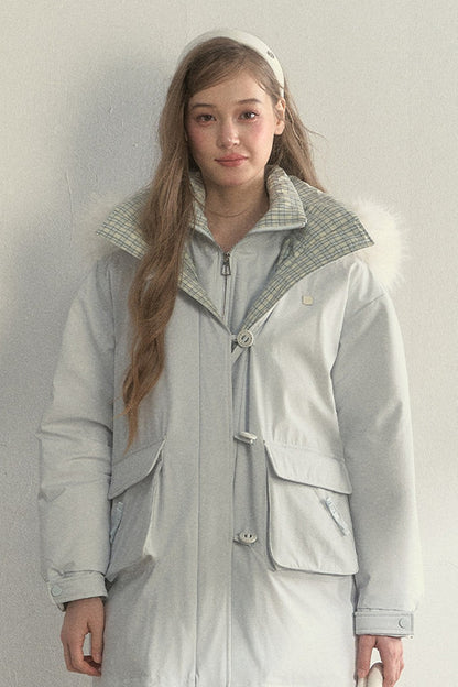 Patchwork Plaid Fur Collar Down Jacket