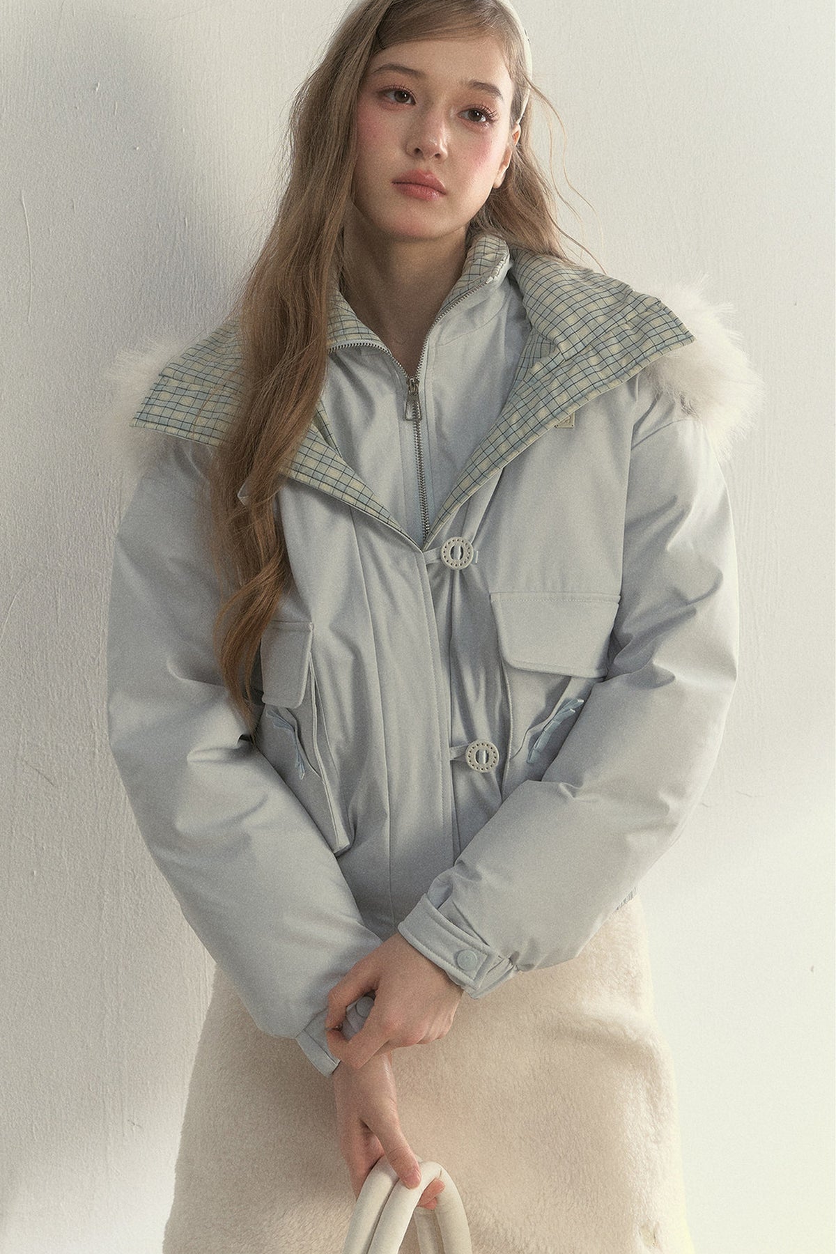 Patchwork Plaid Fur Collar Down Jacket