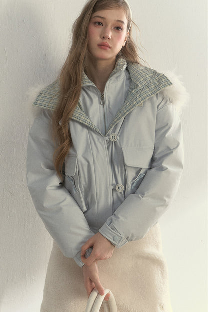 Patchwork Plaid Fur Collar Down Jacket