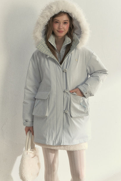 Patchwork Plaid Fur Collar Down Jacket