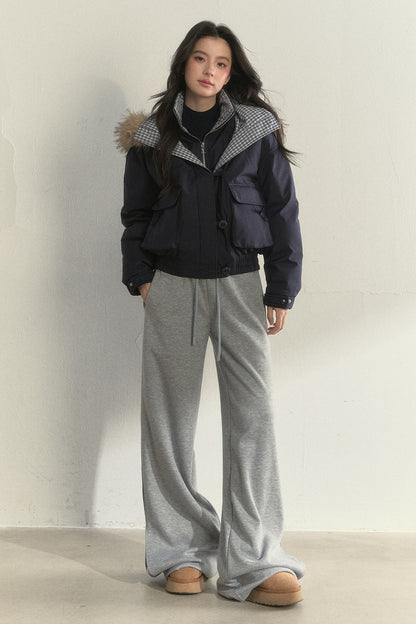 Patchwork Plaid Fur Collar Down Jacket