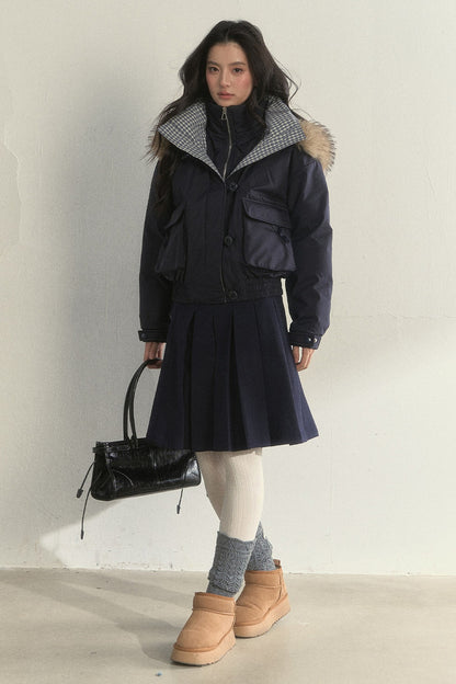 Patchwork Plaid Fur Collar Down Jacket