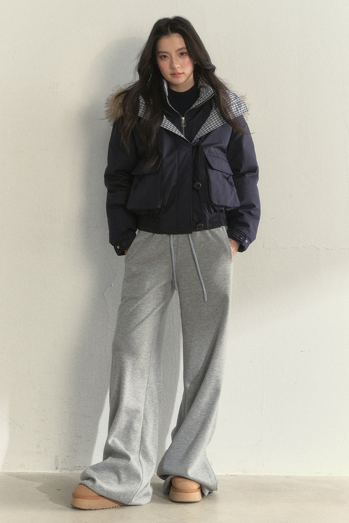 Patchwork Plaid Fur Collar Down Jacket