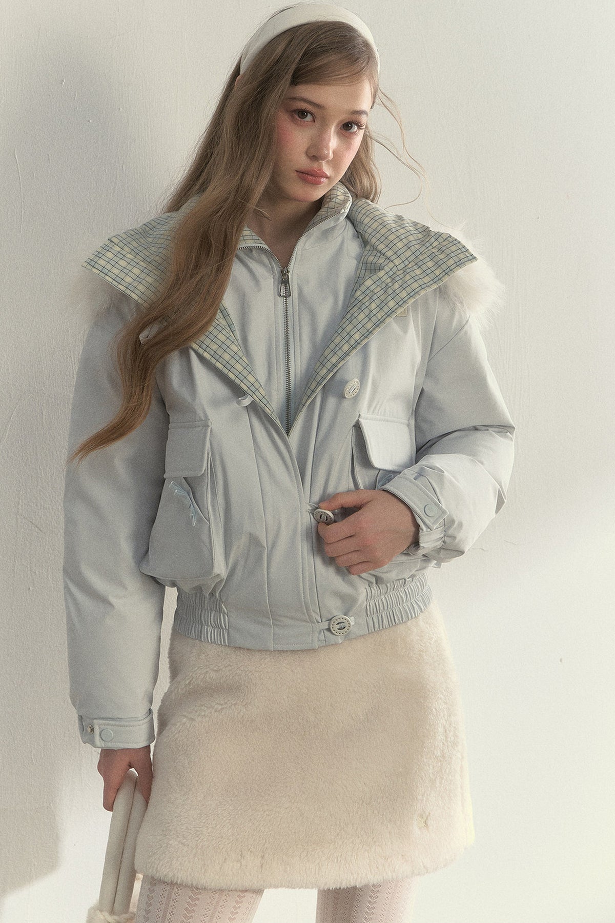 Patchwork Plaid Fur Collar Down Jacket