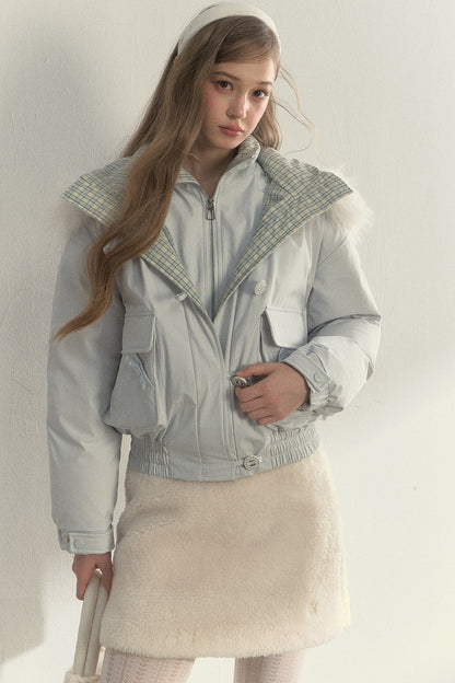 Patchwork Plaid Fur Collar Down Jacket