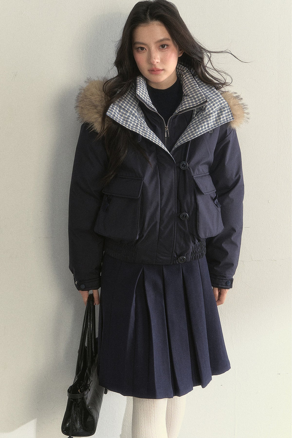 Patchwork Plaid Fur Collar Down Jacket
