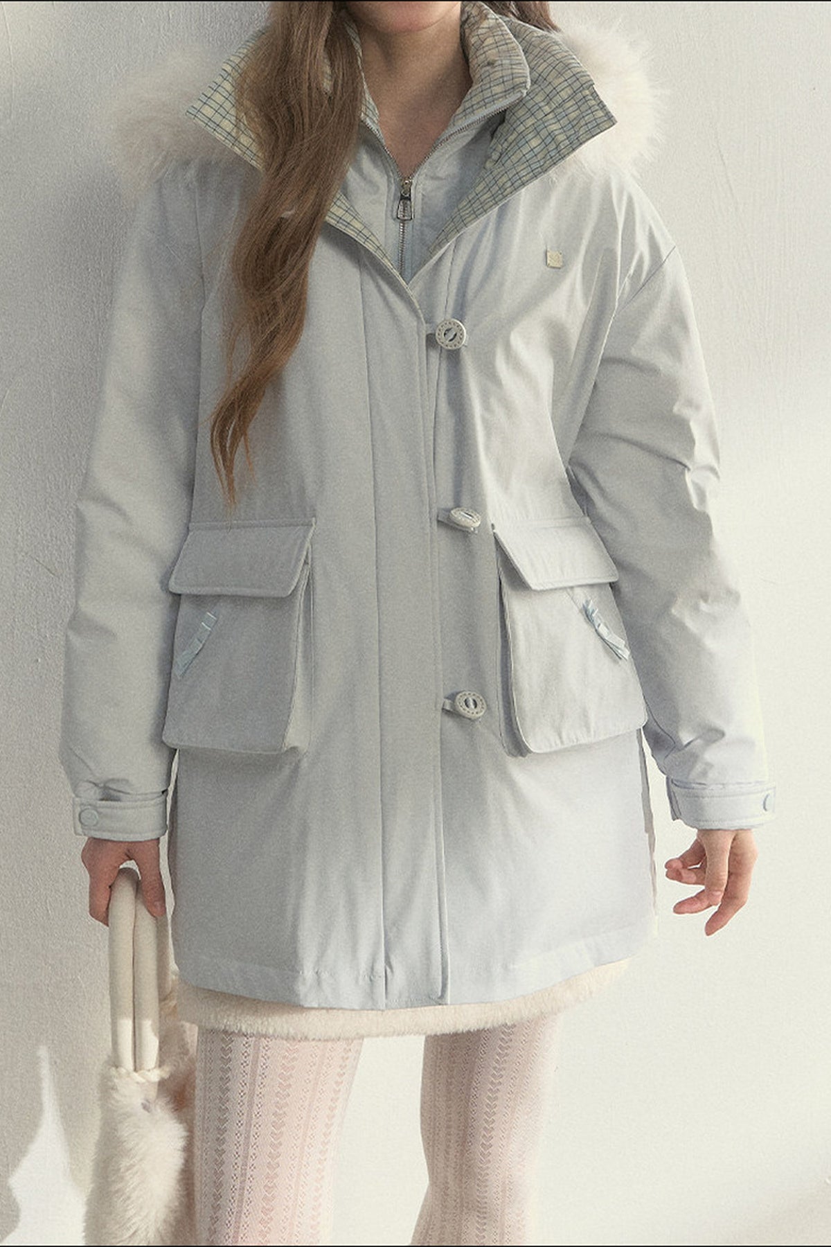 Patchwork Plaid Fur Collar Down Jacket