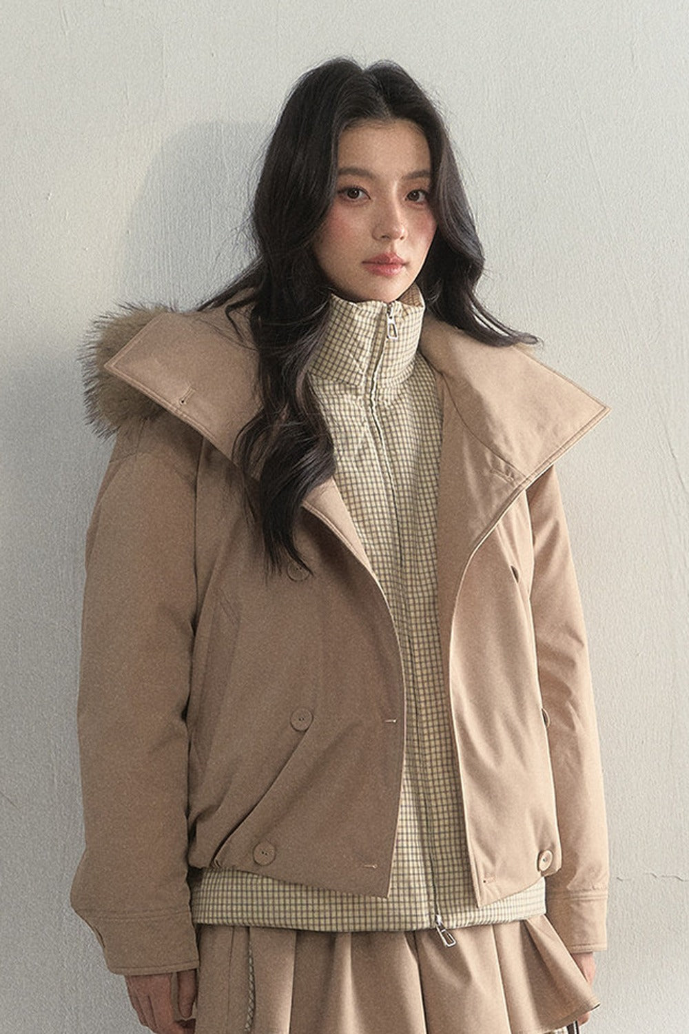 Parka acolchada de cuadros cruzada con estampado de capullos