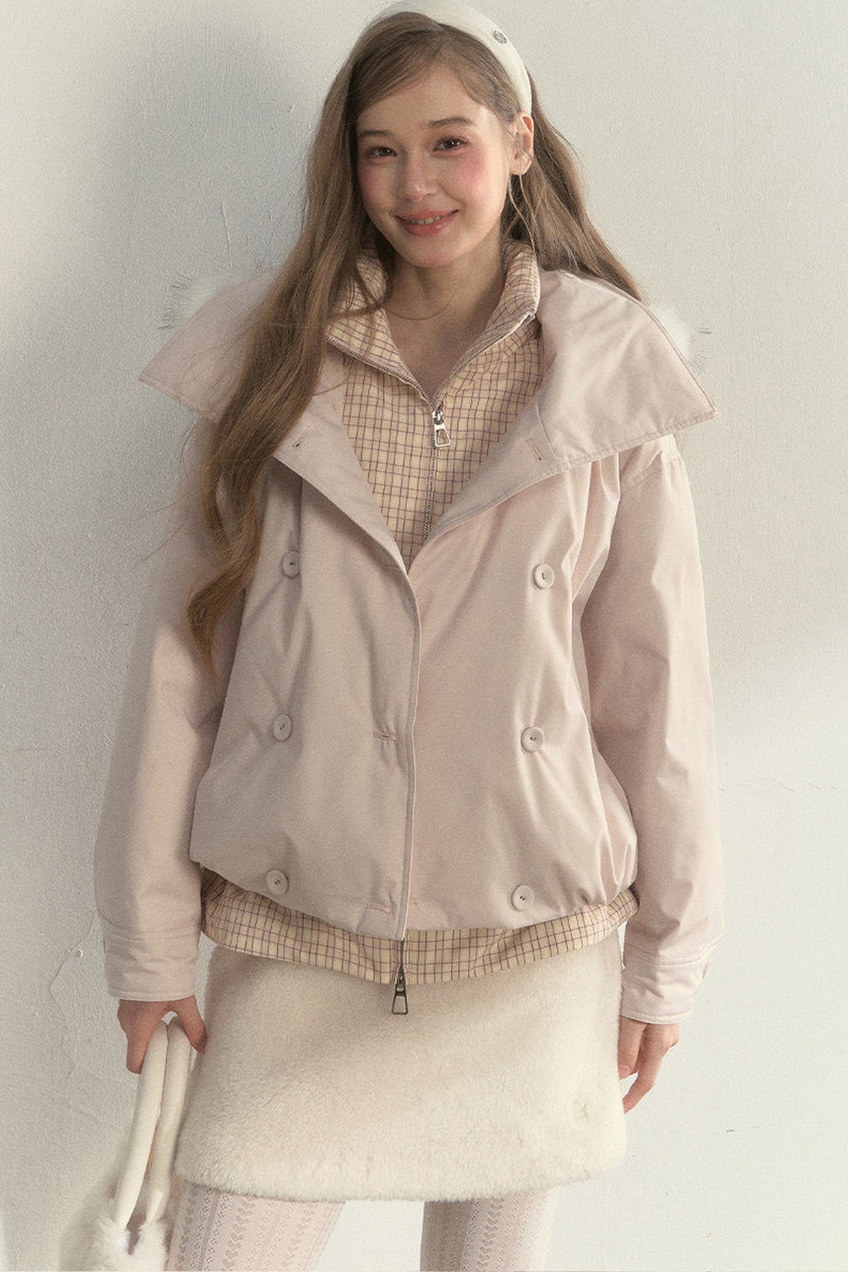 Parka acolchada de cuadros cruzada con estampado de capullos