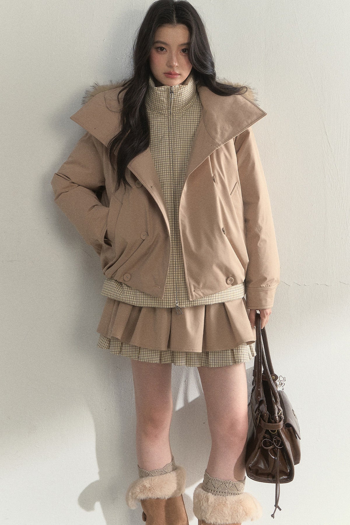 Parka acolchada de cuadros cruzada con estampado de capullos