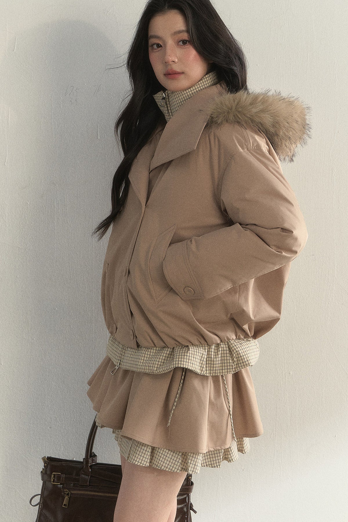 Parka acolchada de cuadros cruzada con estampado de capullos