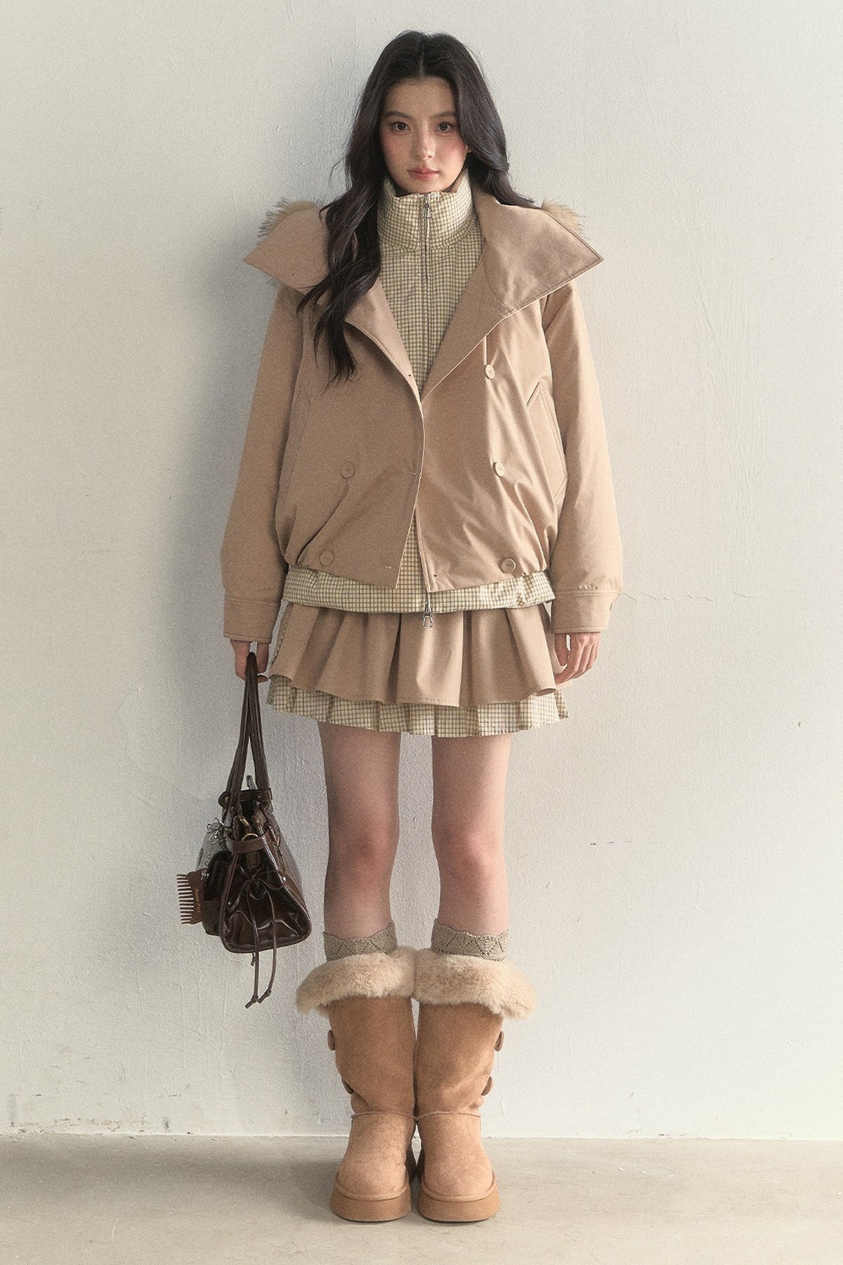 Parka acolchada de cuadros cruzada con estampado de capullos