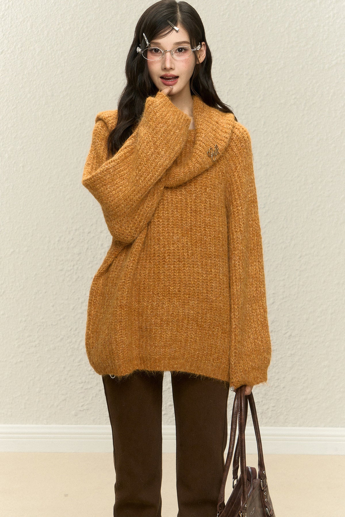 One-Shoulder Wool Knit Top and Pants Set-Up