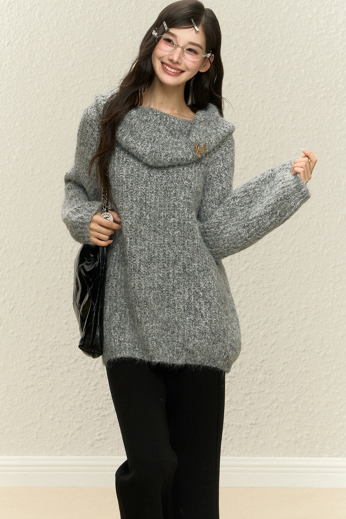 One-Shoulder Wool Knit Top and Pants Set-Up