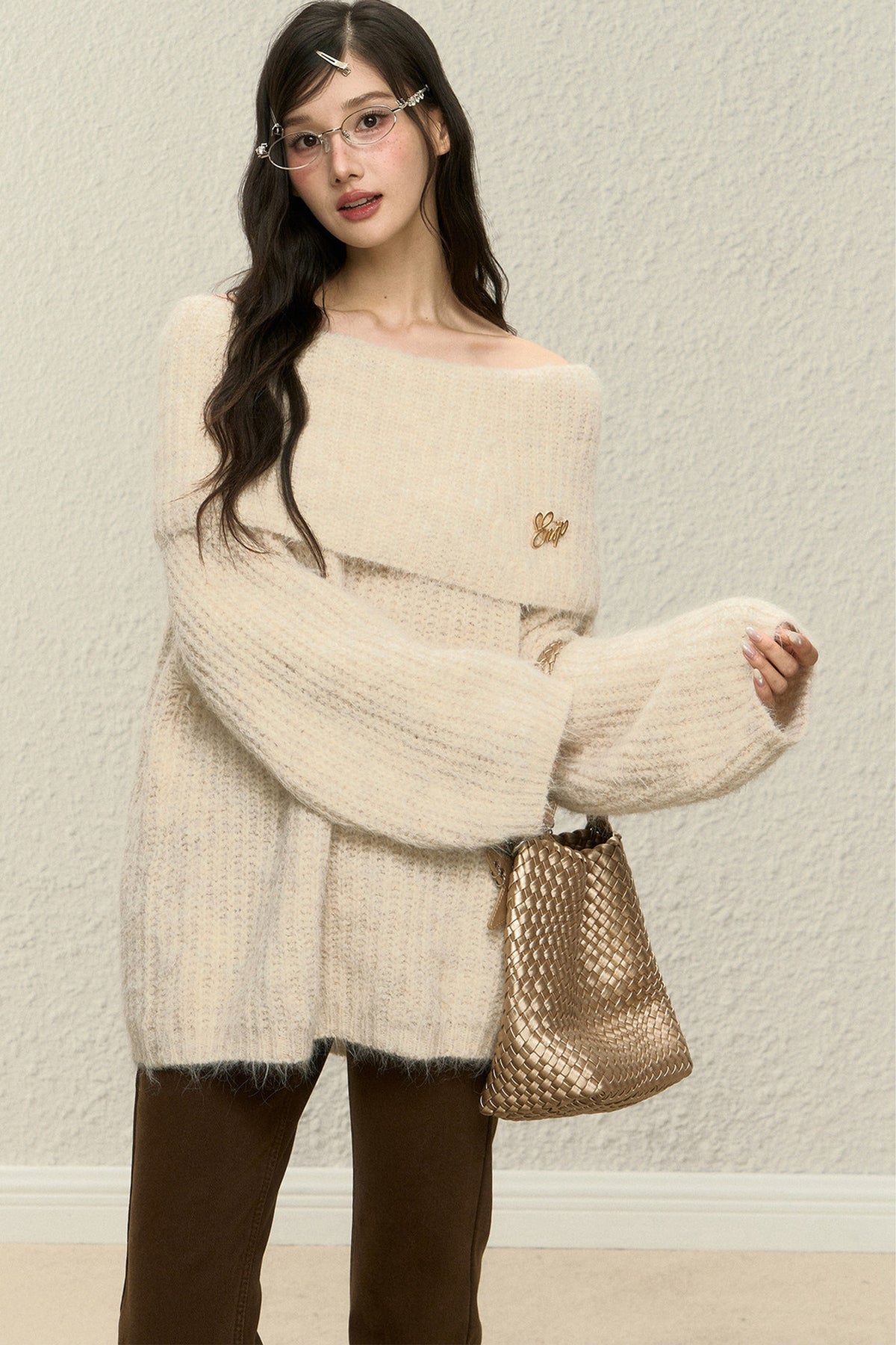 One-Shoulder Wool Knit Top and Pants Set-Up