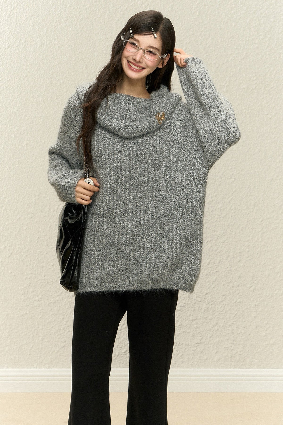 One-Shoulder Wool Knit Top and Pants Set-Up