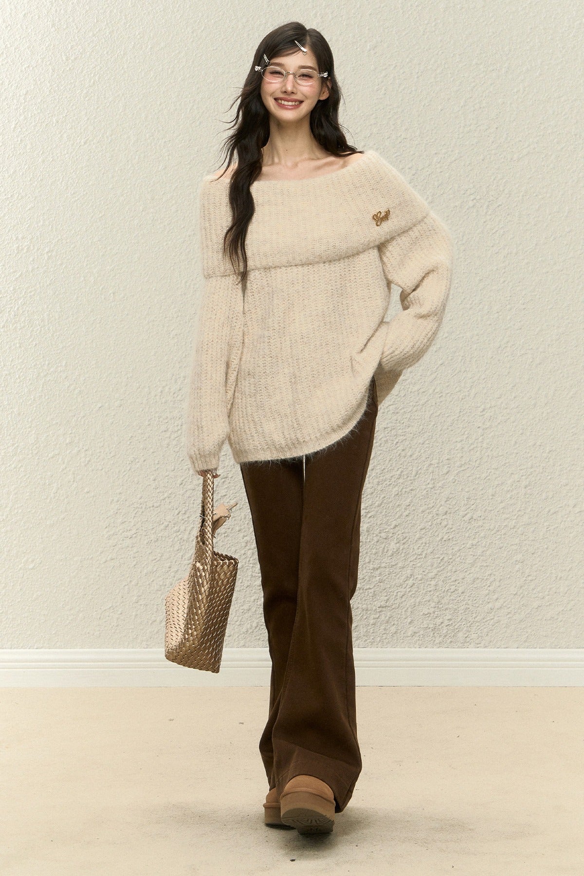 One-Shoulder Wool Knit Top and Pants Set-Up