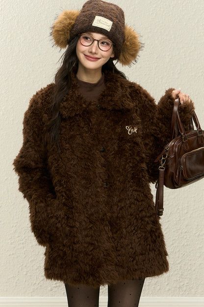 Brown Faux Fur Jacket and Wide-Leg Pants Set-Up