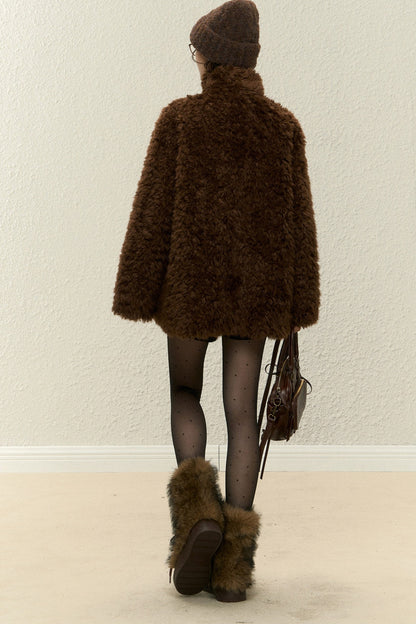 Brown Faux Fur Jacket and Wide-Leg Pants Set-Up