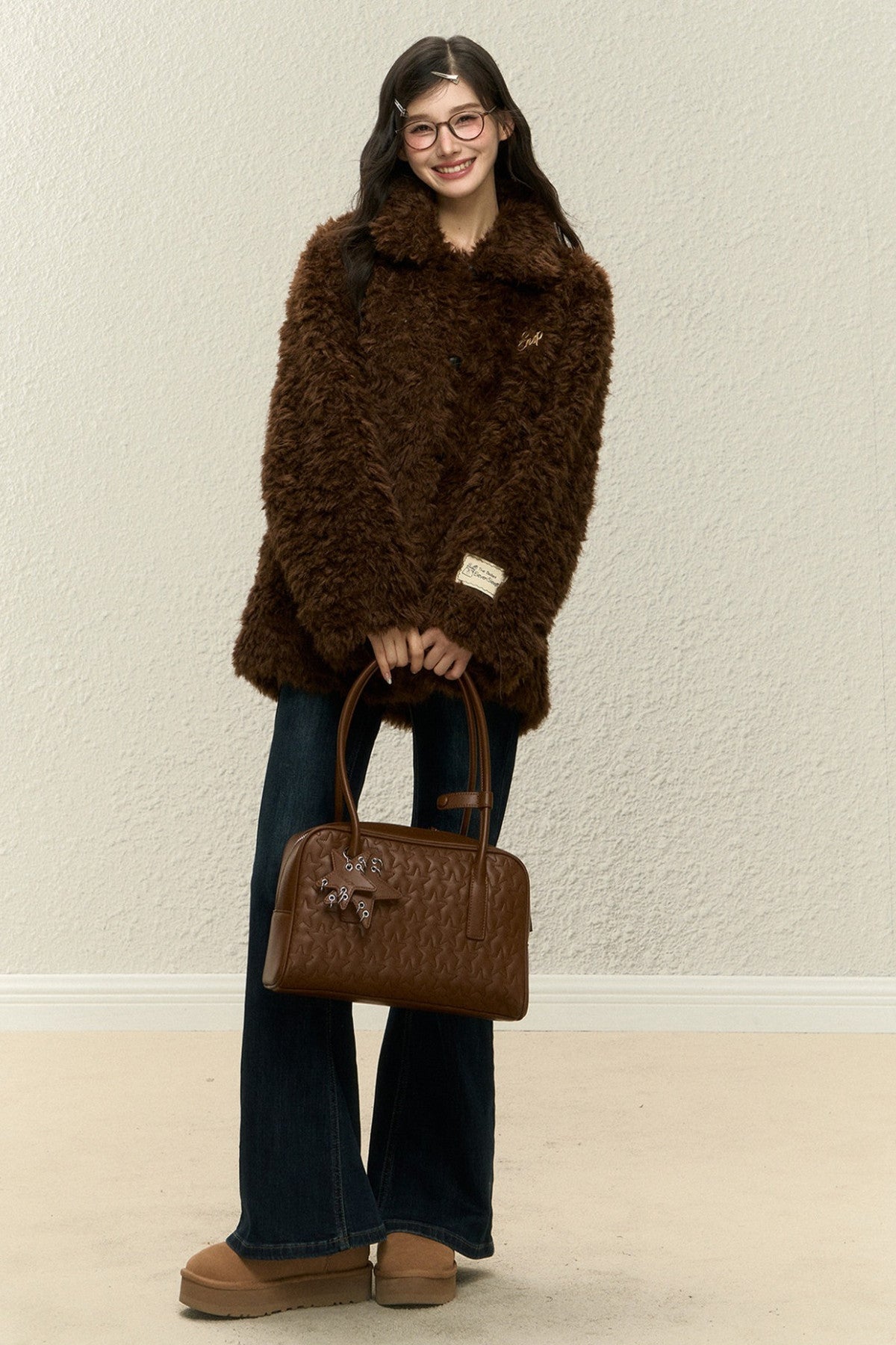 Brown Faux Fur Jacket and Wide-Leg Pants Set-Up