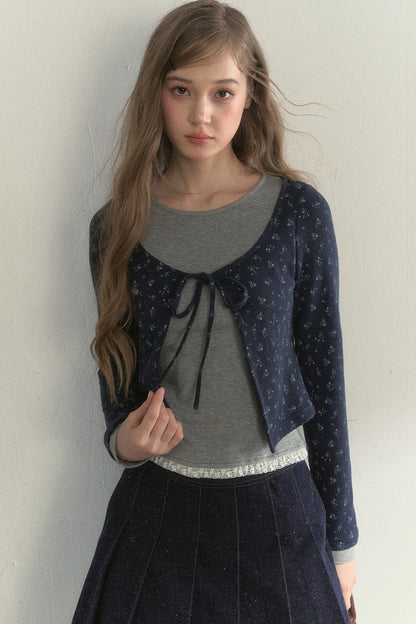 Layered-Look Floral Striped T-shirt